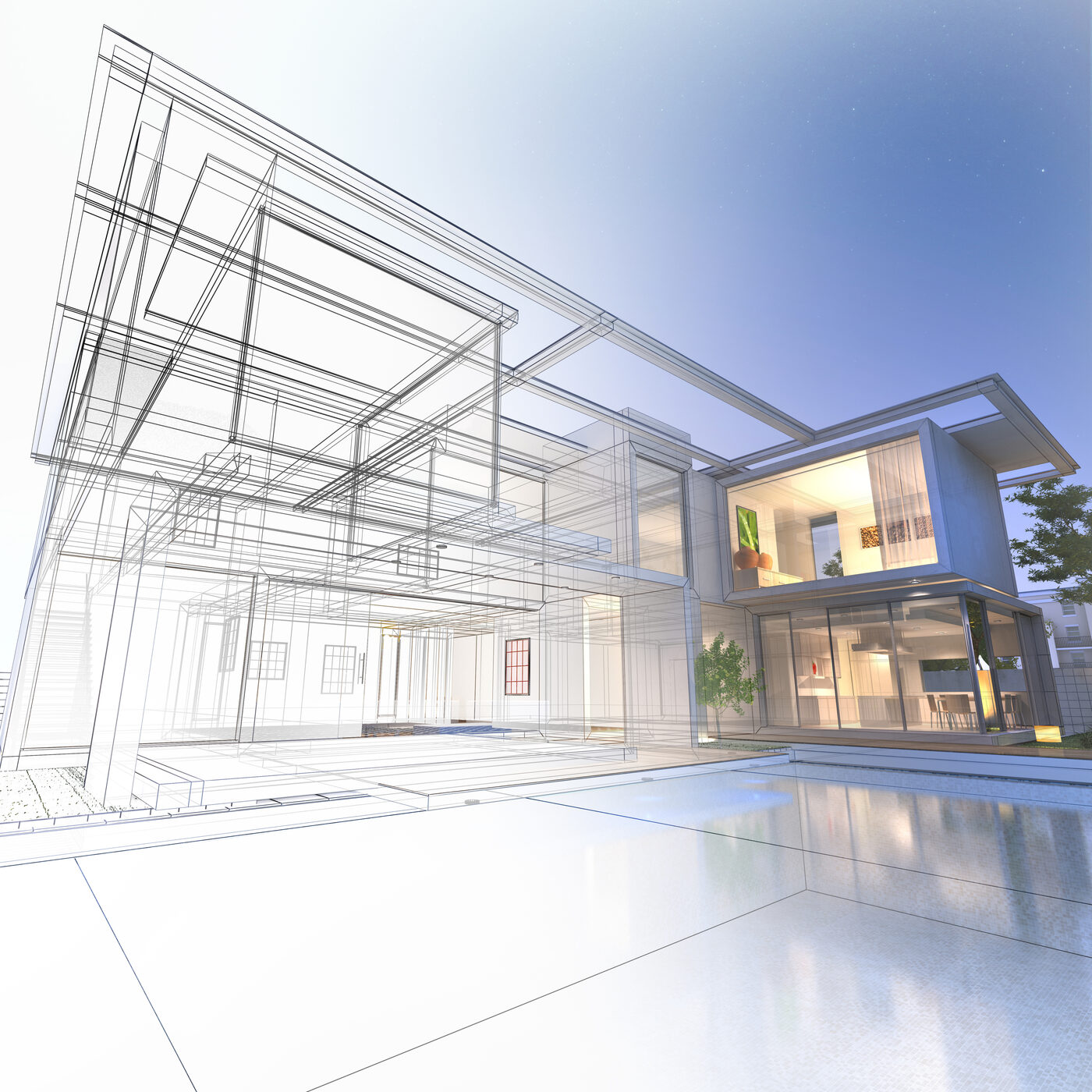 CAD wireframe transitioning to photorealistic architectural render — progeCAD for architecture