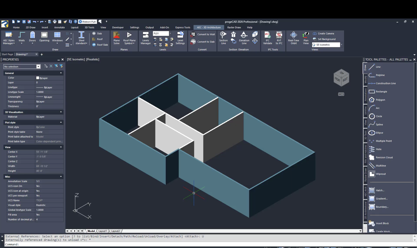 progeCAD Professional — AutoCAD compatible CAD software interface showing 3D architectural floor plan